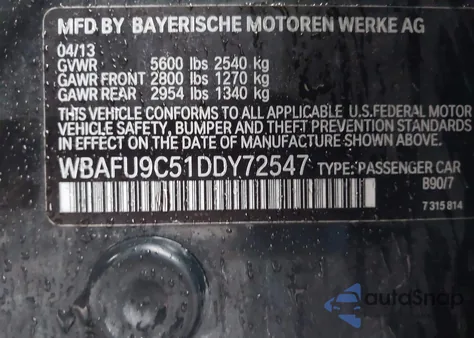 2013 BMW 550I xDrive z USA, uszkodzony, nr VIN WBAFU9C51DDY72547